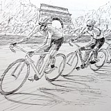 Tour de France 2012, Wiggins leads Cavendish and Sagan past the Arc de Triumphe. Preparatory sketch by Simon Taylor